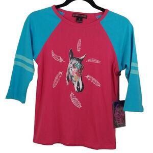W Rock & Roll Cowgirl Pink Turquoise Horse Feather Graphic Henley T Shirt NWT L